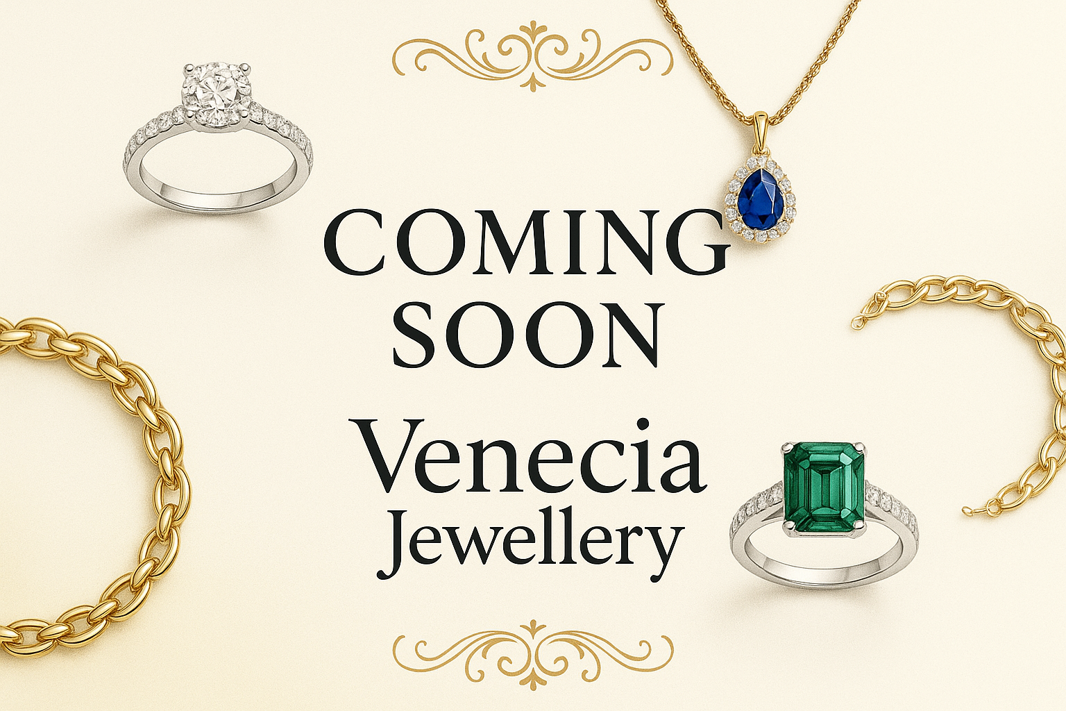 i have https://www.veneciajewellery.com/ and i wnat to make comminsoon image so make me professional jewellary brands coming soon it should bestylish profeesional also display brand idenit, background should be whiiye or yelloish so back font visibke